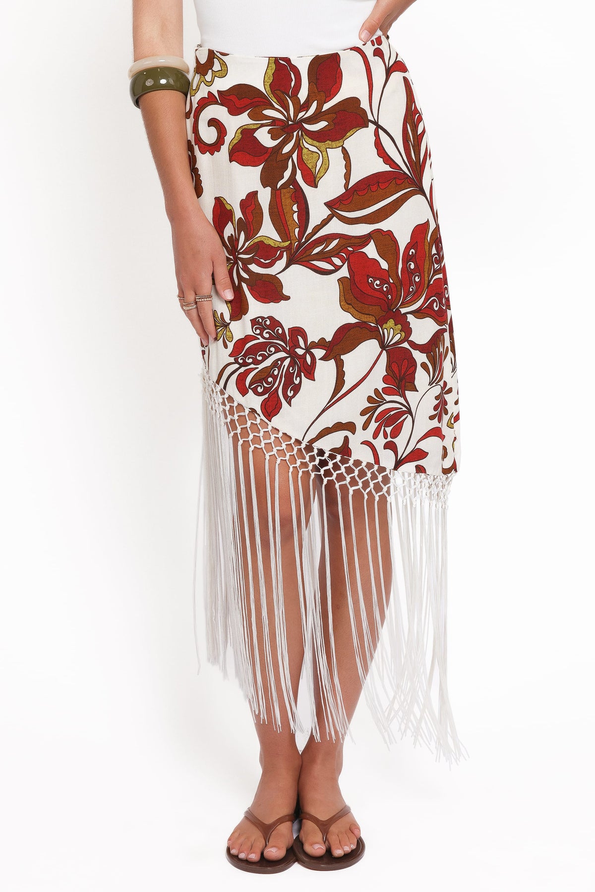 Shelby Midi Fringe Skirt - Brown Floral