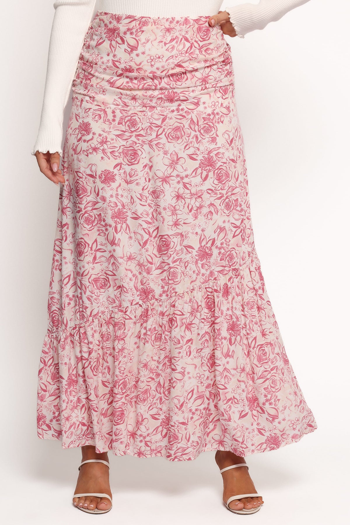 Velda Ruched Maxi Skirt - Pink Floral
