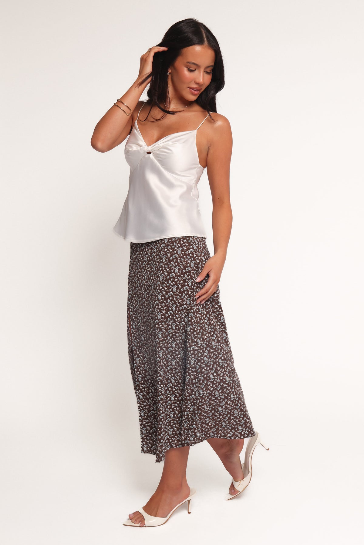 Willow Midi Skirt - Brown Blue Floral