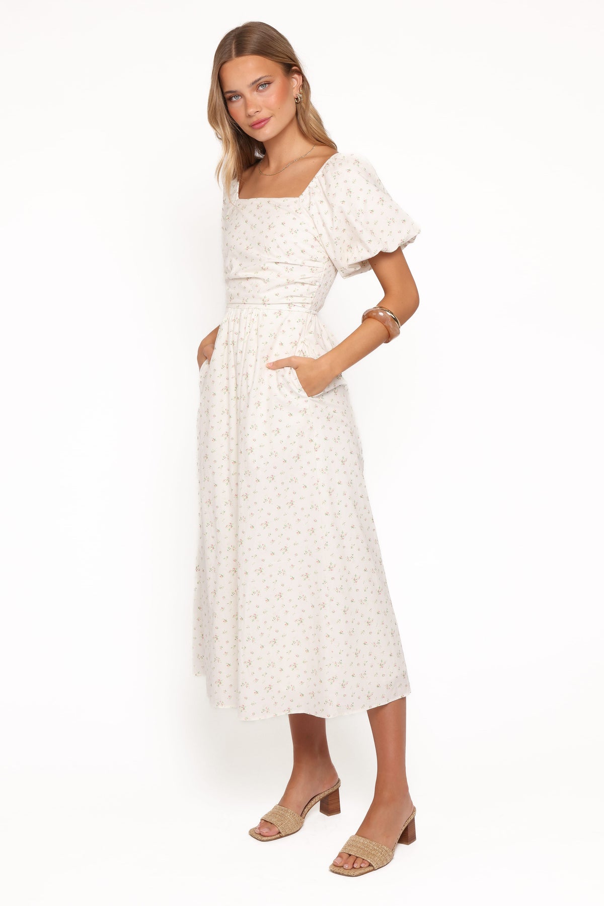 Clo Puff Sleeve Midi Dress - White Betty