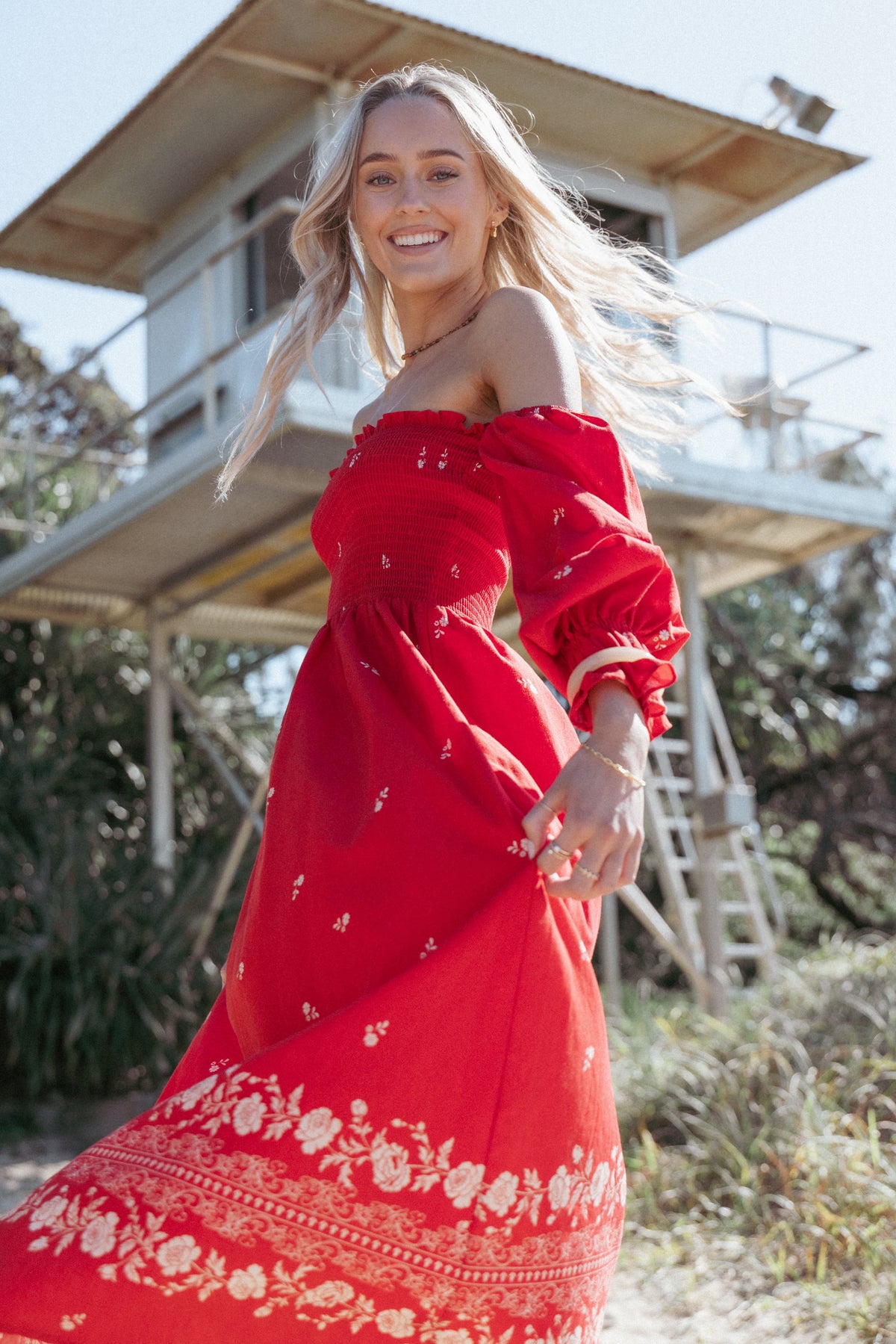 Domenica Shirred Long Sleeve Midi Dress - Red Floral Bandana