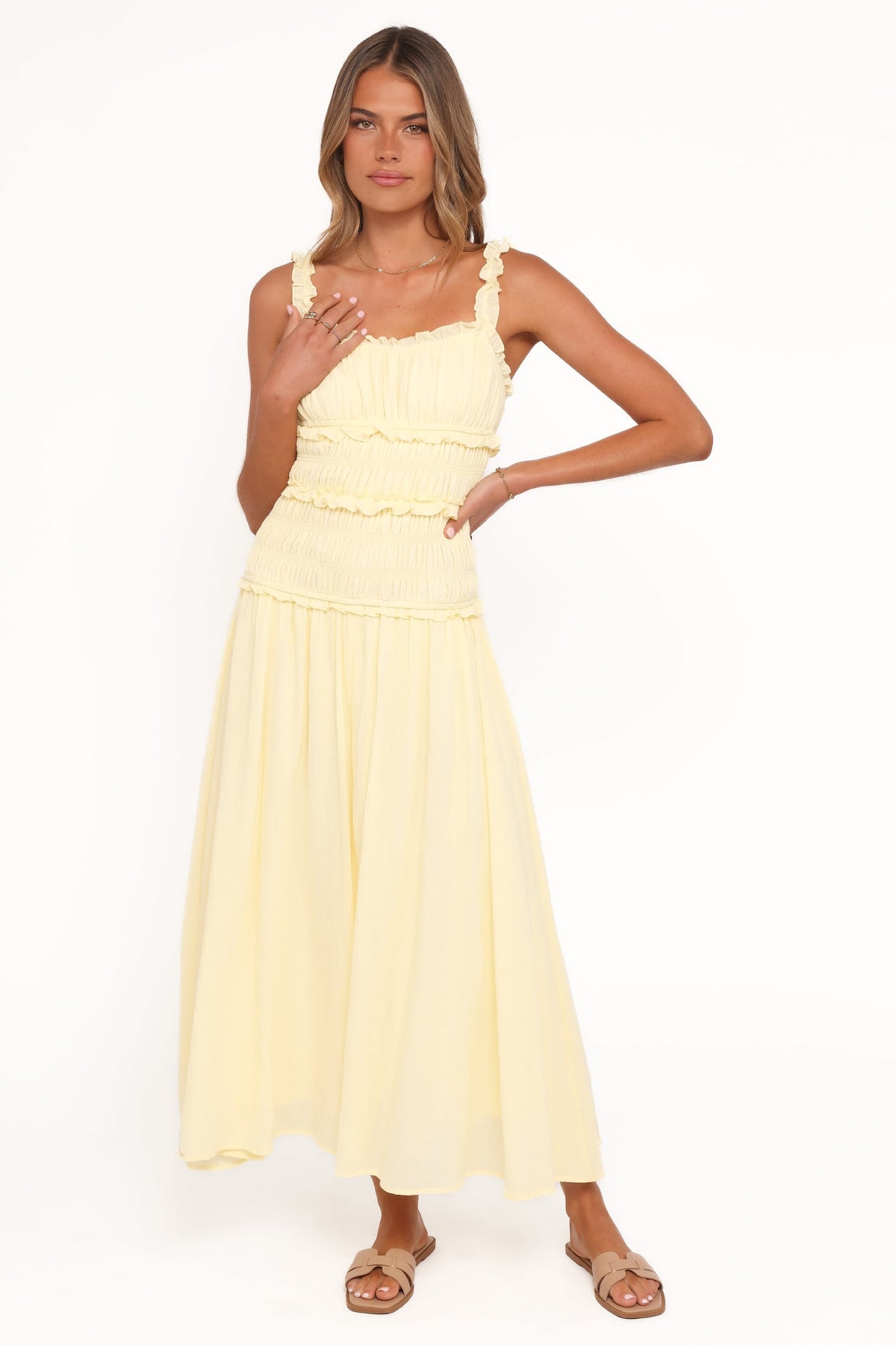 Enola Gather Midi Dress - Yellow