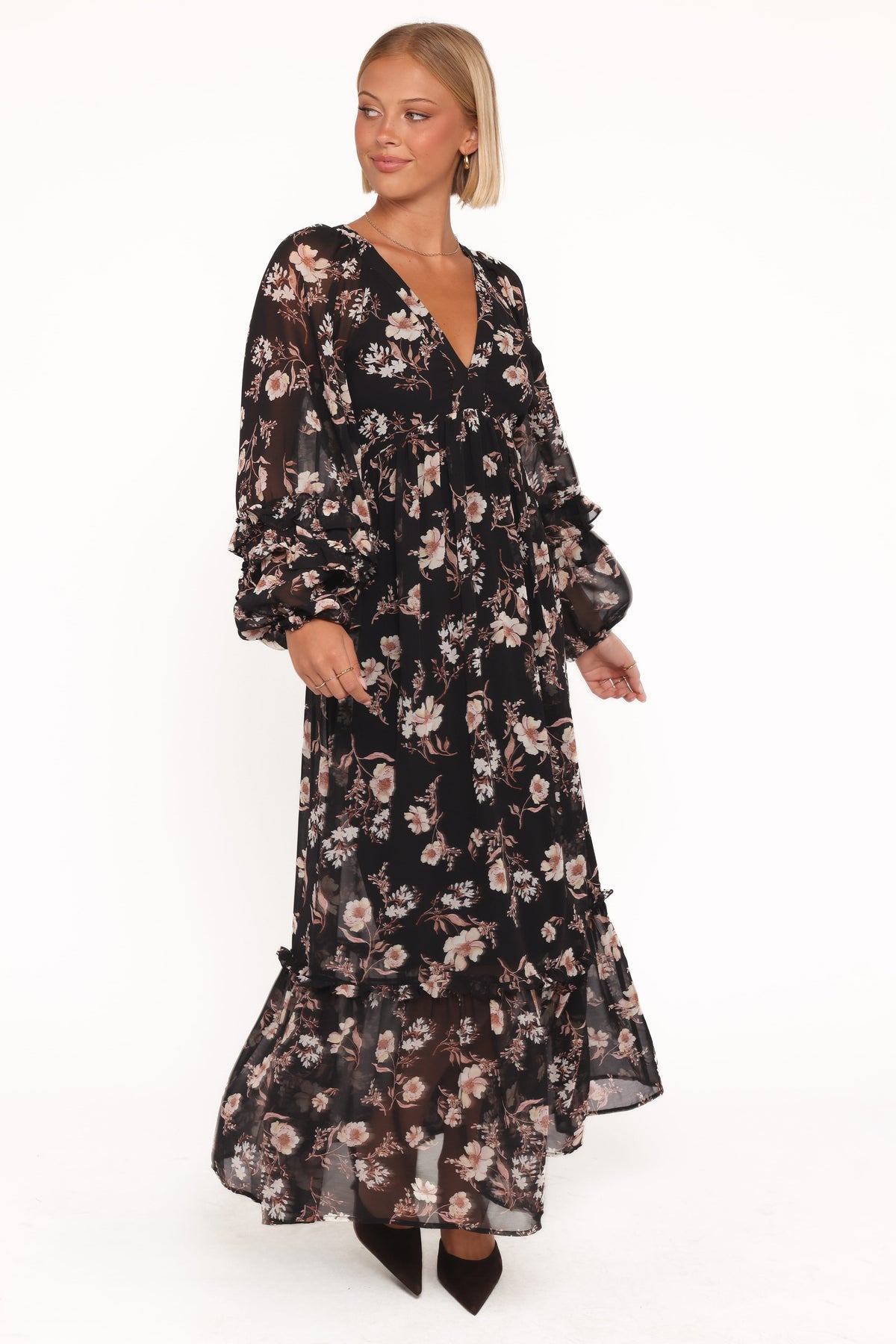 Evian Long Sleeve Maxi Dress - Black Floral