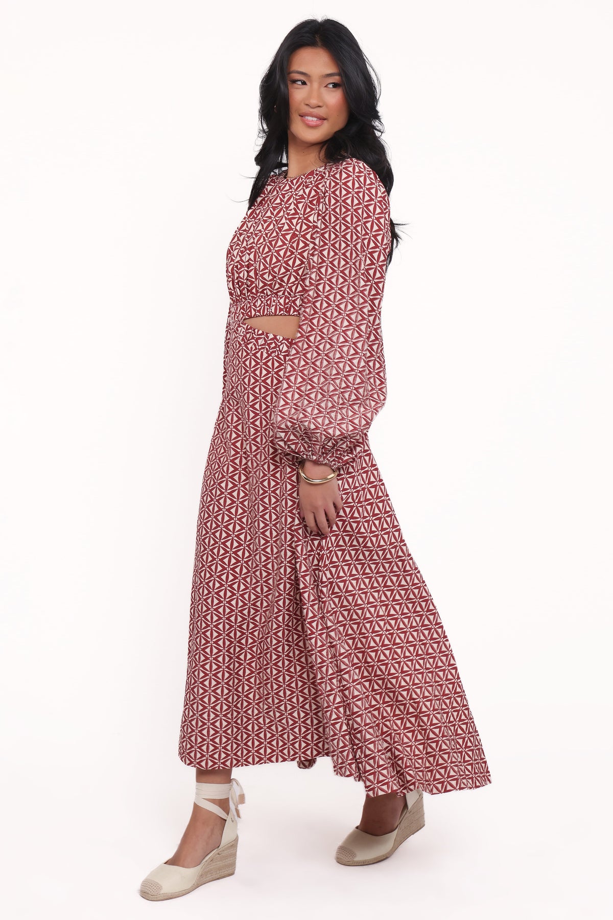 Ginnee Puff Sleeve Cutout Midi Dress - Brown Geo