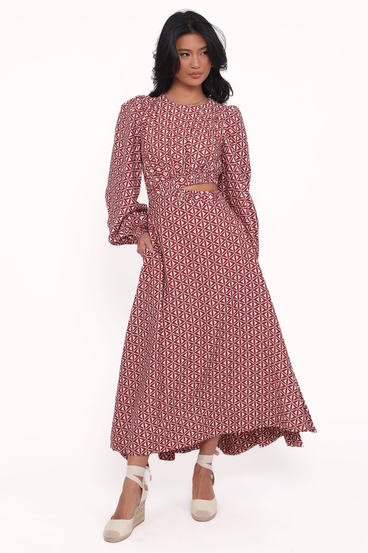 Ginnee Puff Sleeve Cutout Midi Dress - Brown Geo