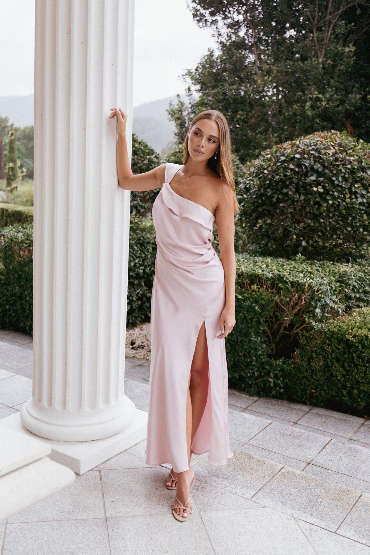 Lolana Draped One Shoulder Dress - Pale Pink