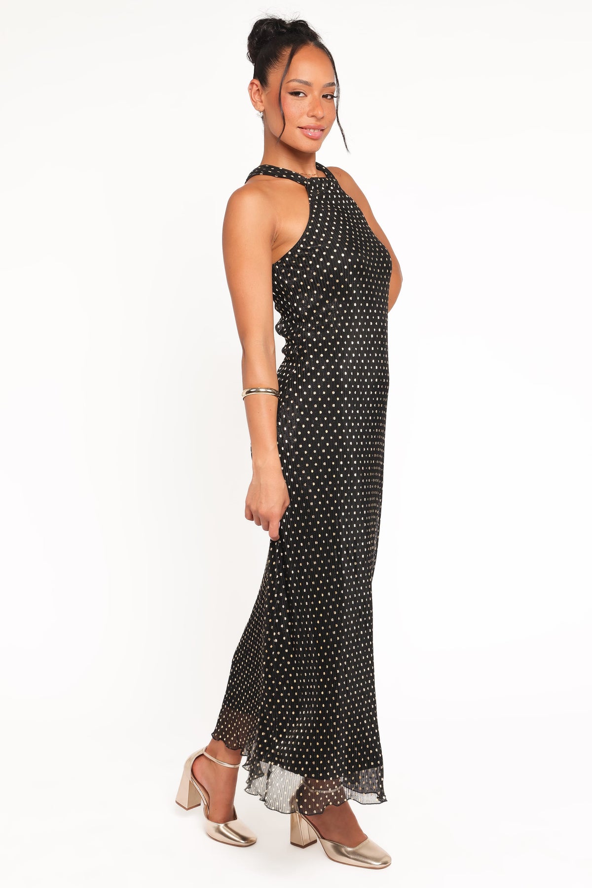 Melody Plisse Halter Maxi Dress - Black/Gold Polka Dot