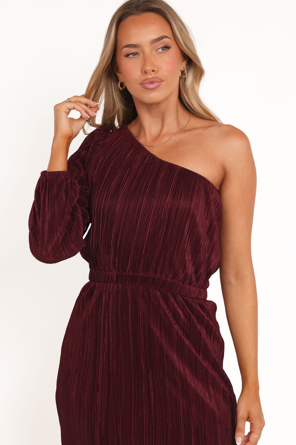 Pontee One Shoulder Pleated Midi Dress - Burgundy