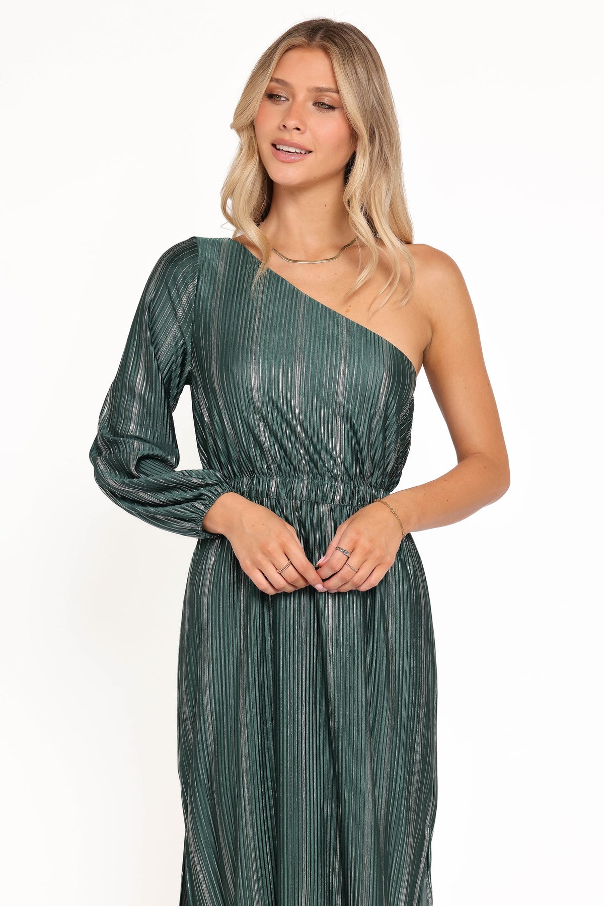 Pontee One Shoulder Pleated Midi Dress - Green