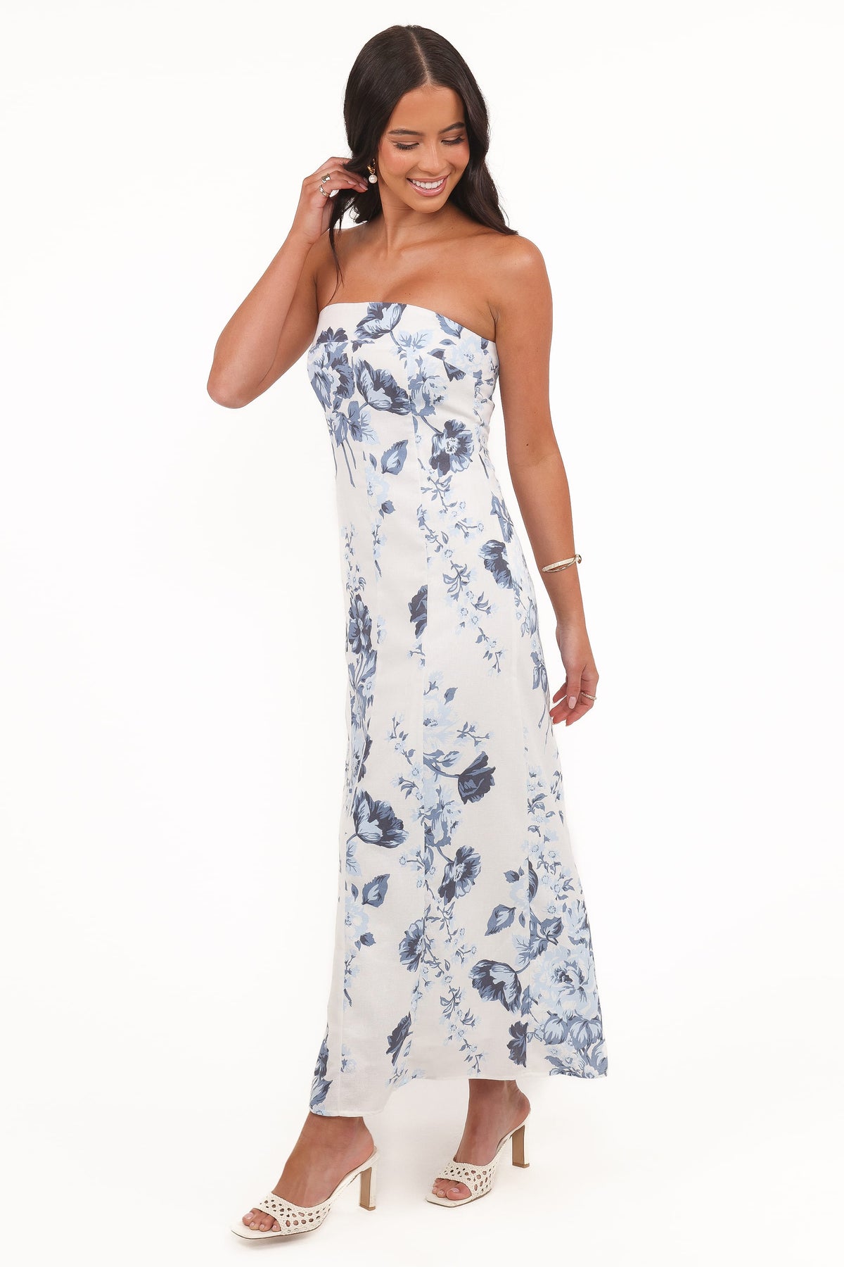 Tamira Strapless Midi Dress - Blue Floral