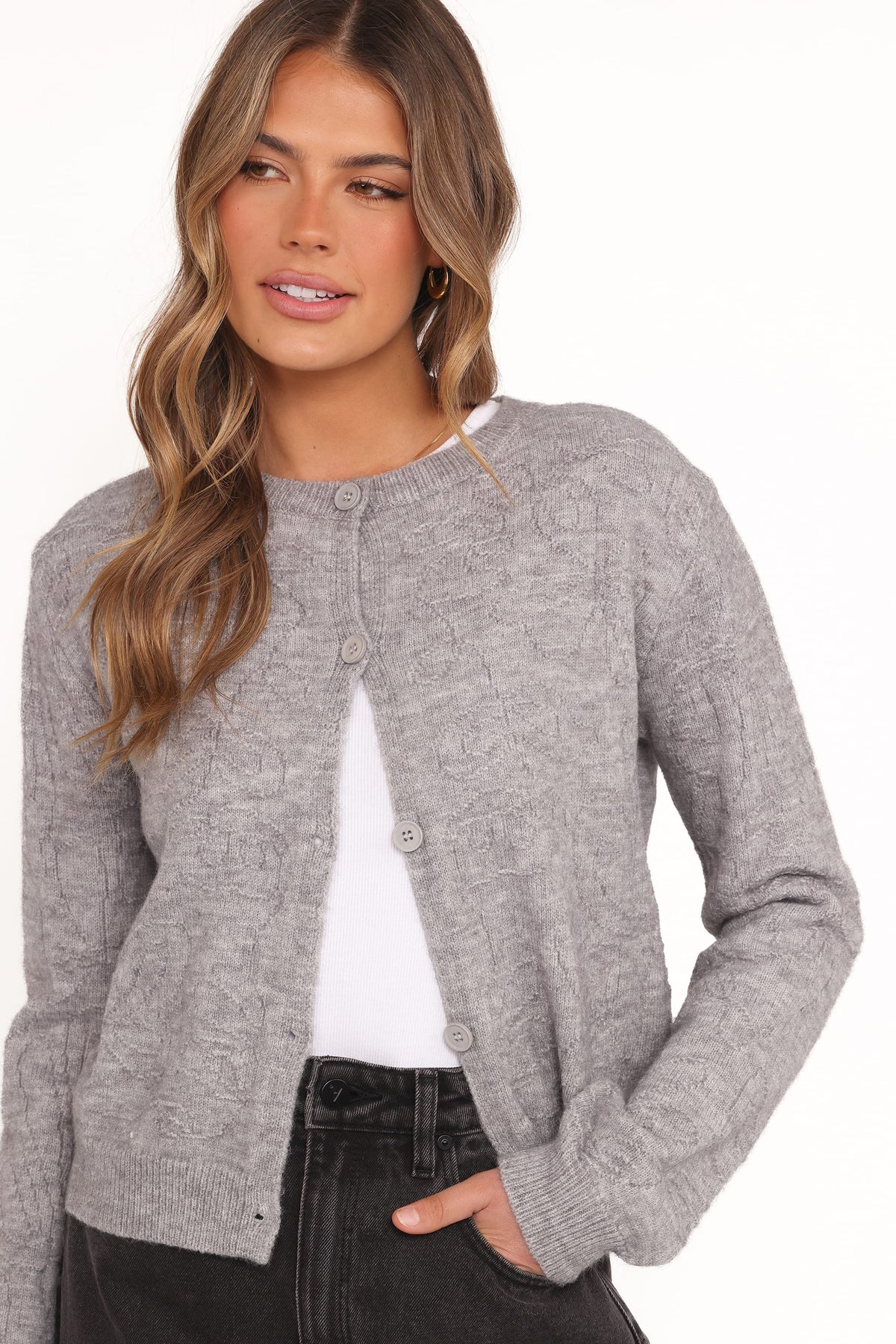 Fauna Tonal Floral Cardigan - Heather Grey