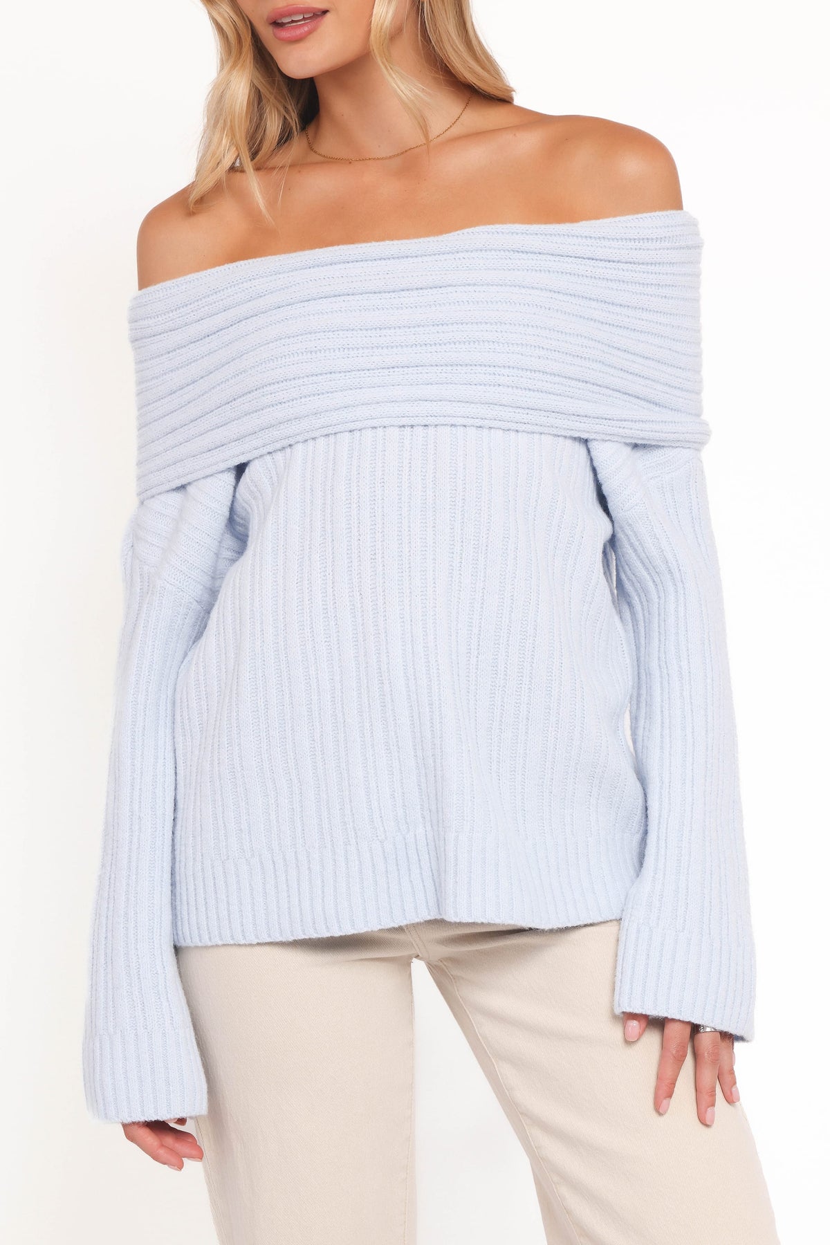 Kenny Off Shoulder Knit Sweater - Pale Blue