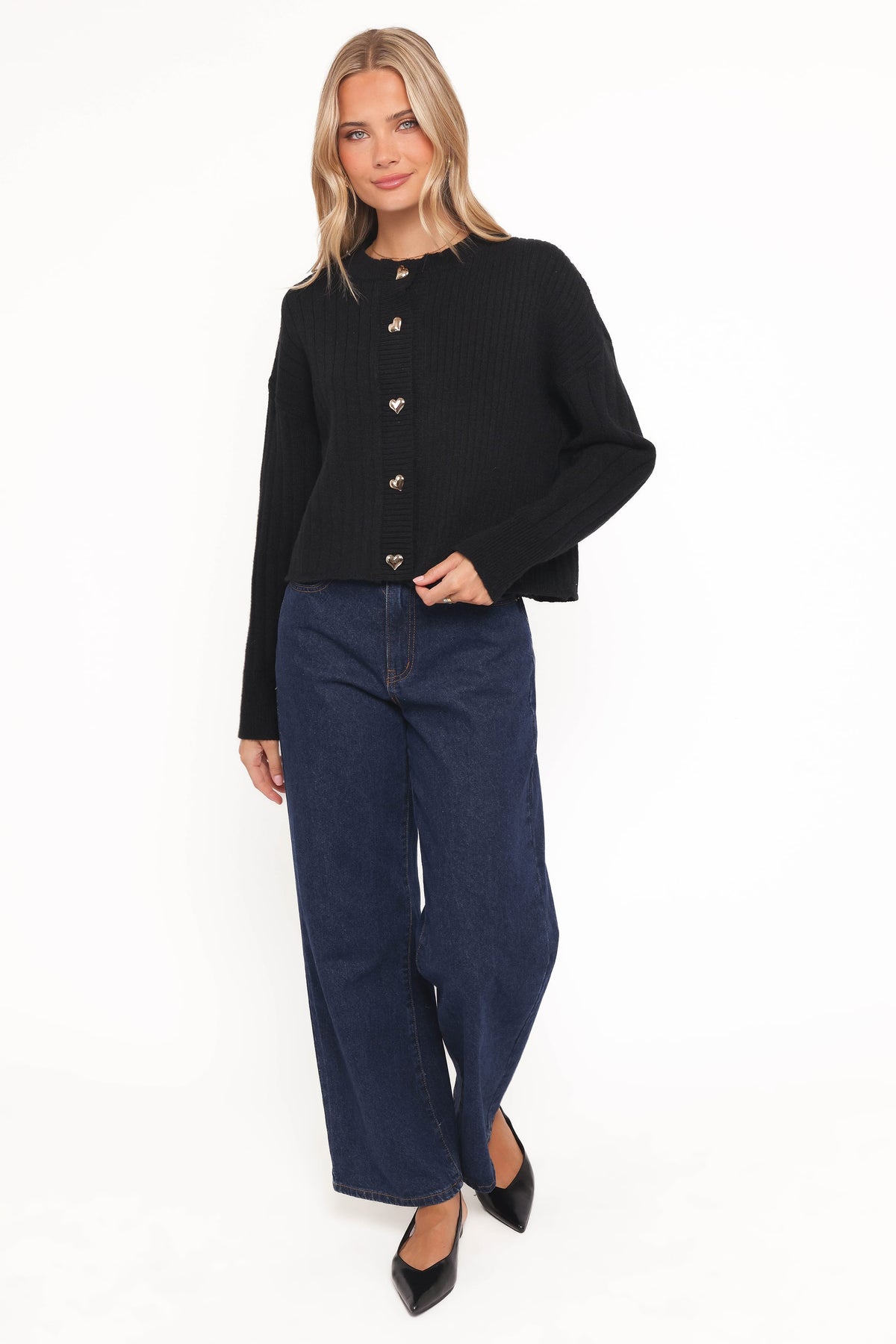 Loulani Heart Button Cardigan - Black