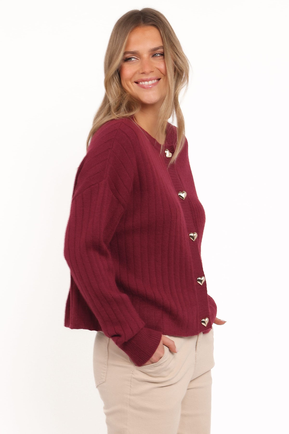 Loulani Heart Button Cardigan - Cherry