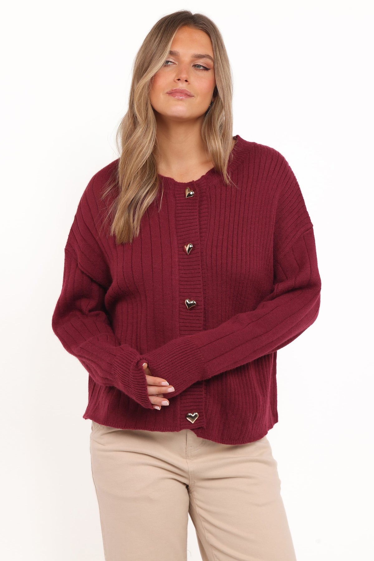 Loulani Heart Button Cardigan - Cherry