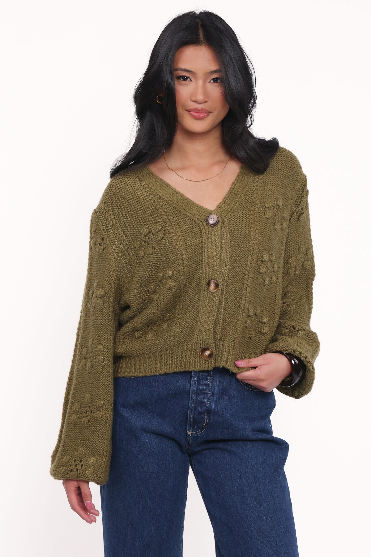 Melody Textured Button Up Cardigan - Olive