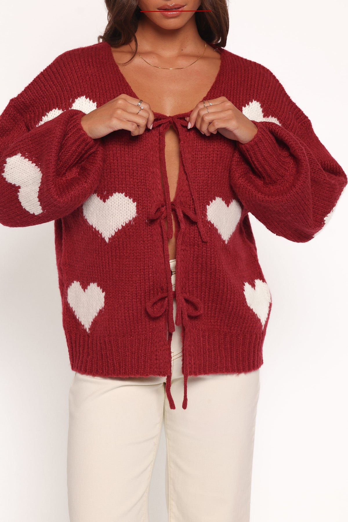 Nadine All Over Heart Tie Front Cardigan - Wine