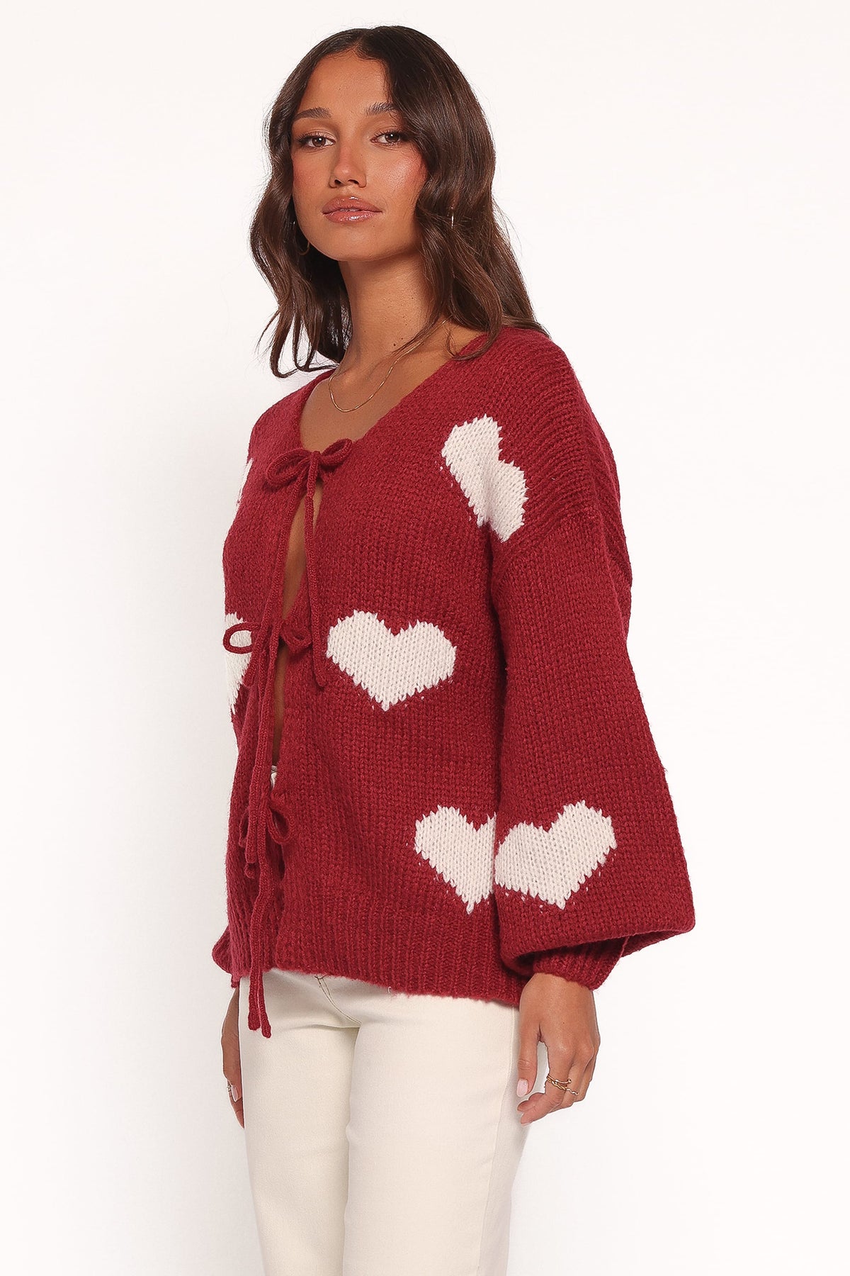 Nadine All Over Heart Tie Front Cardigan - Wine