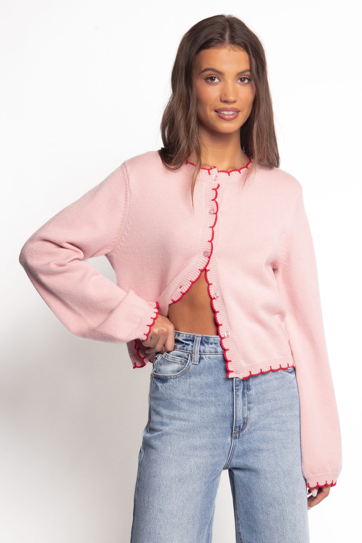 Payton Scallop Cardigan - Pink Red