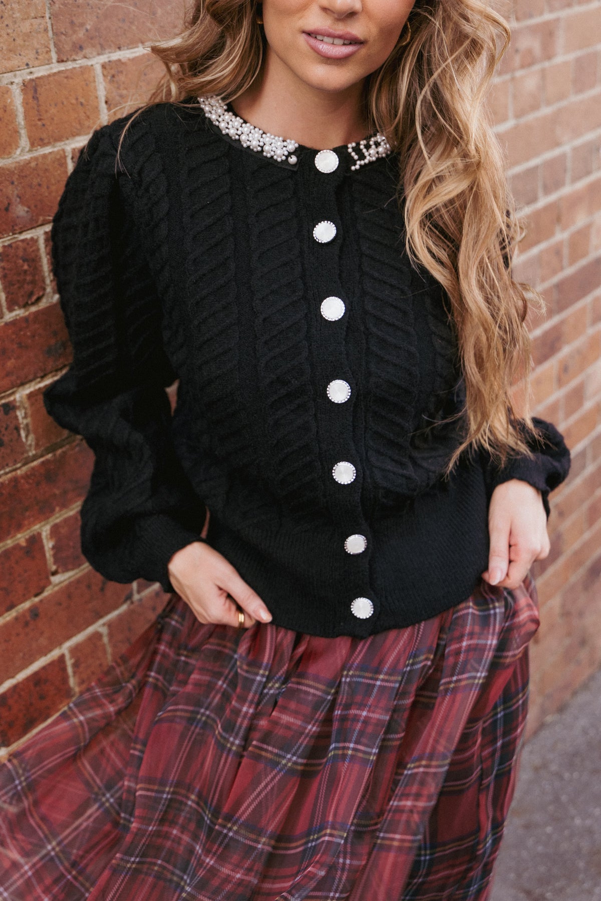 Sheena Rhinestone Collar Holiday Cardigan - Black