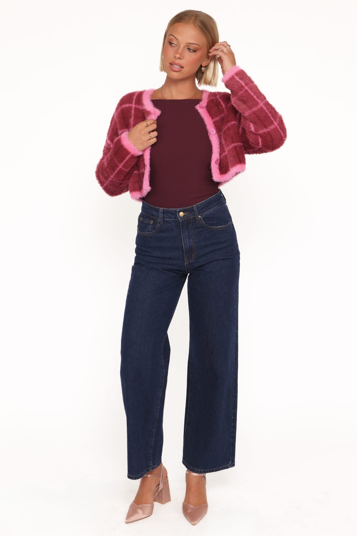 Viola Plaid Button Front Cardigan - Burgundy