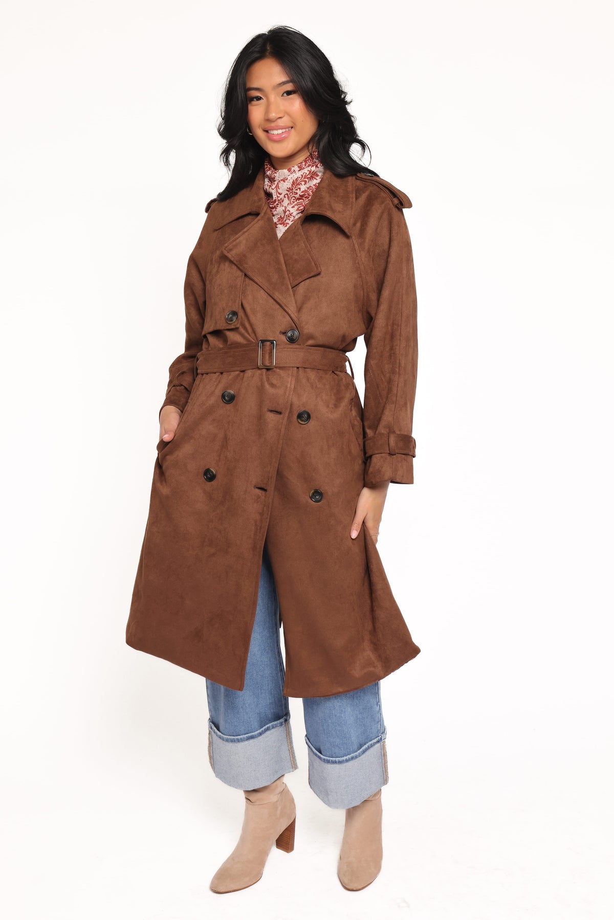 Micha Faux Suede Trench Coat - Brown