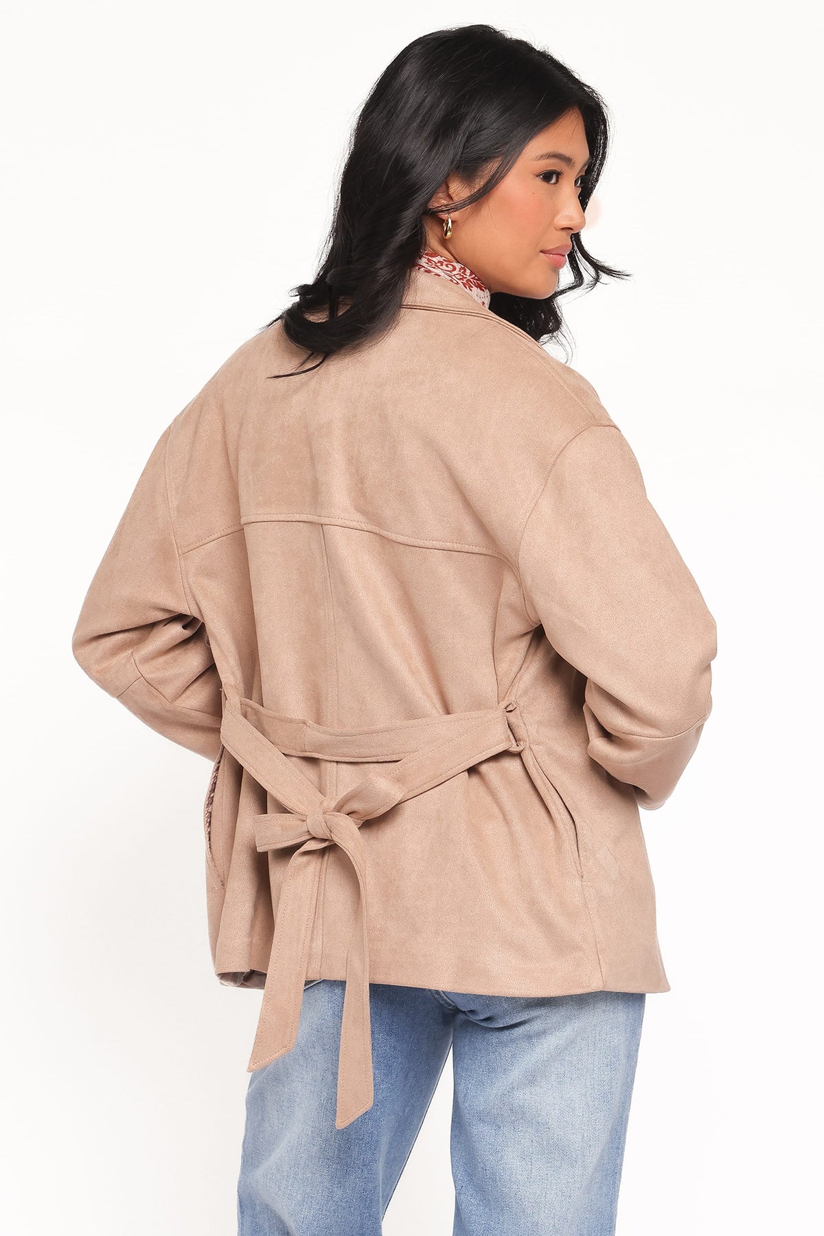 Nelly Faux Suede Cropped Trench Coat - Mushroom