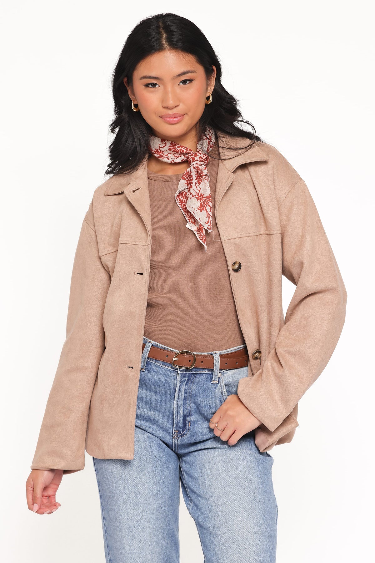 Nelly Faux Suede Cropped Trench Coat - Mushroom