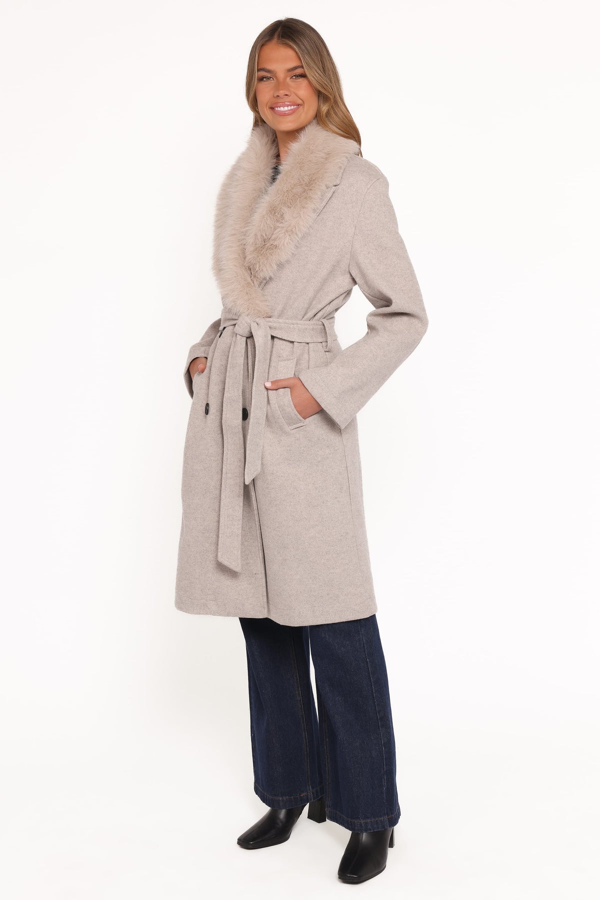 Nina Fur Collar Tie Waist Coat - Cream