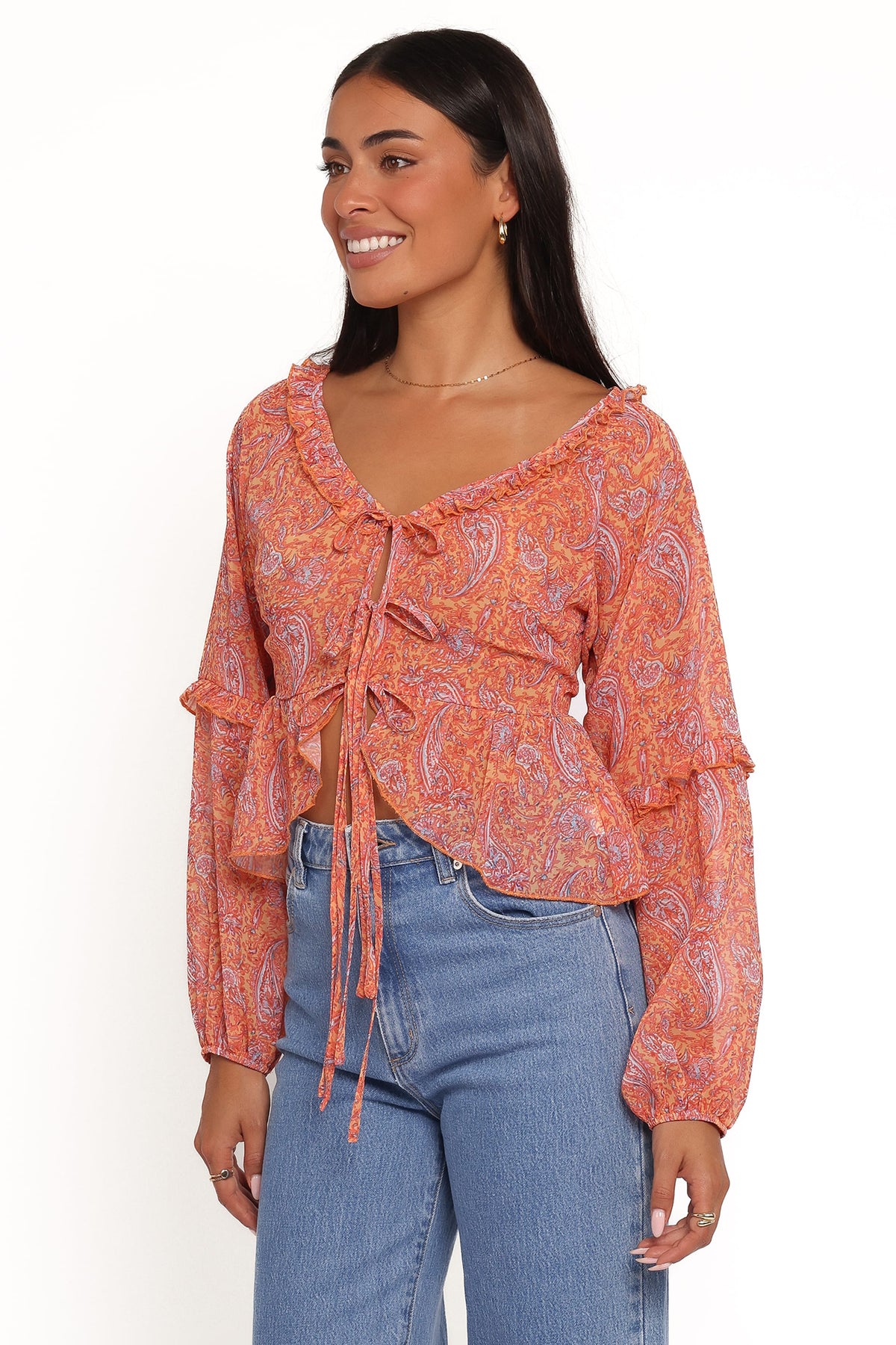 Isolt Tie Front Top - Orange Paisley