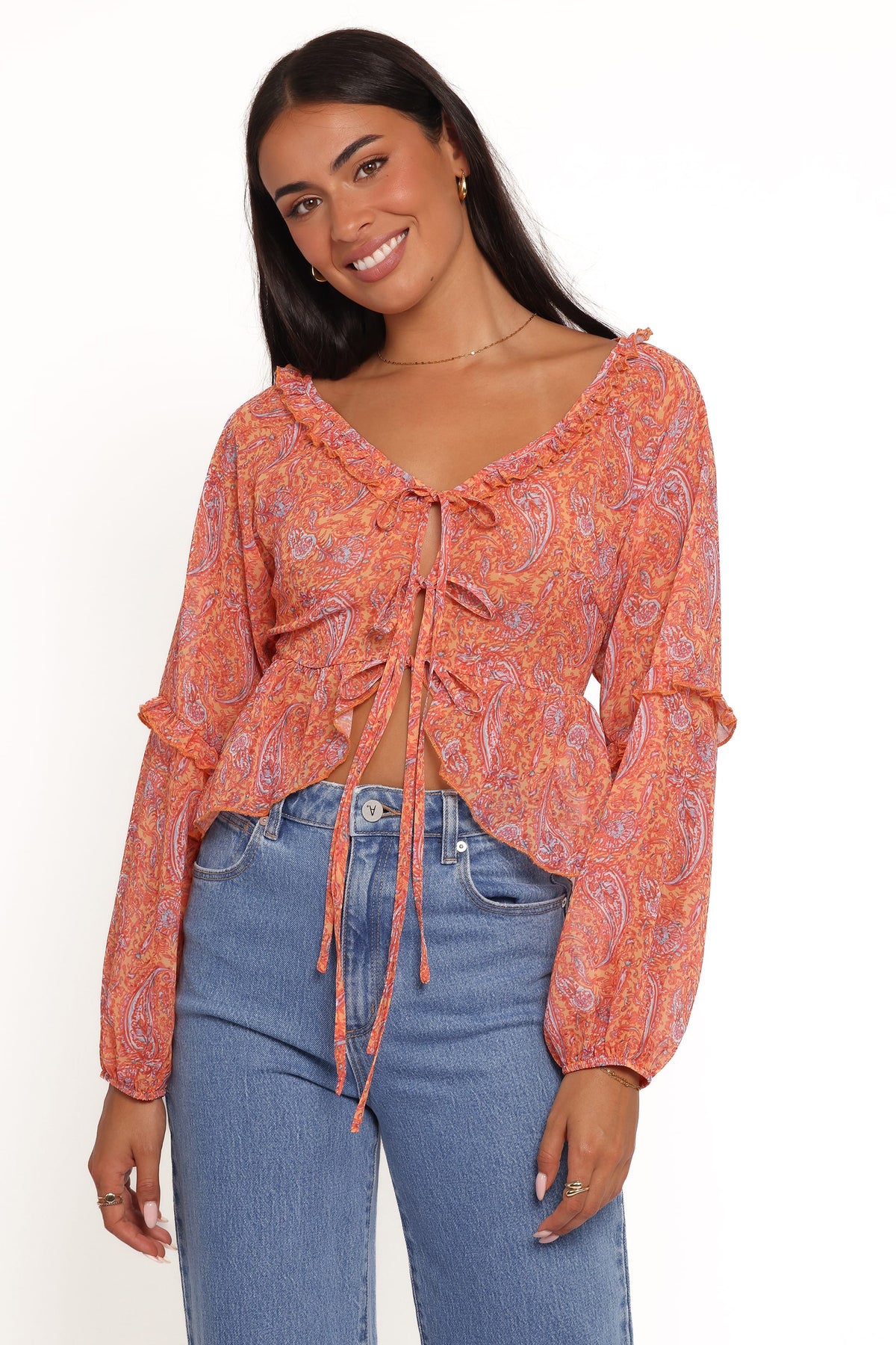 Isolt Tie Front Top - Orange Paisley