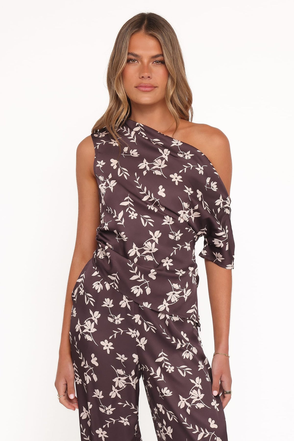 Romola Off Shoulder Top - Brown Cream Floral