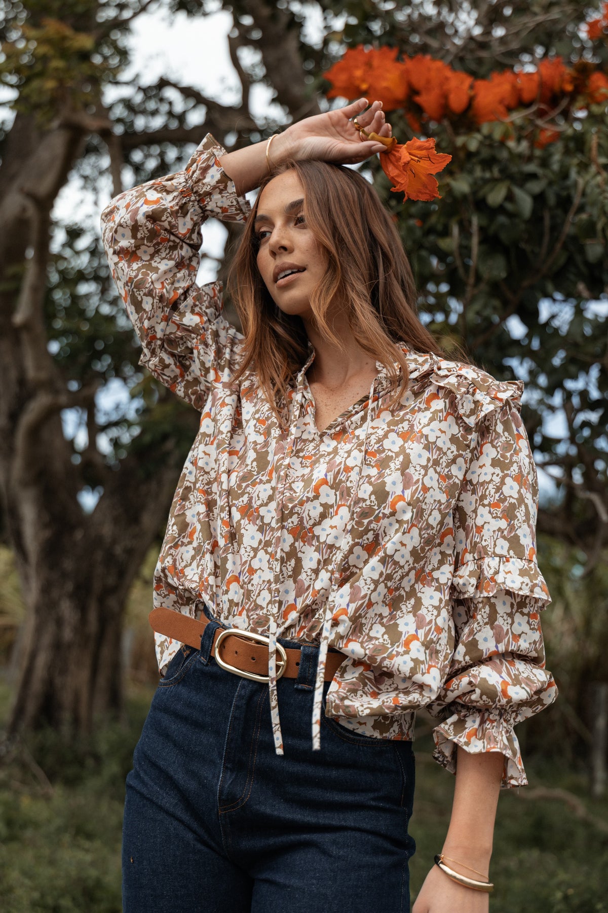 Selmah Long Sleeve Top - Cream Olive Orange