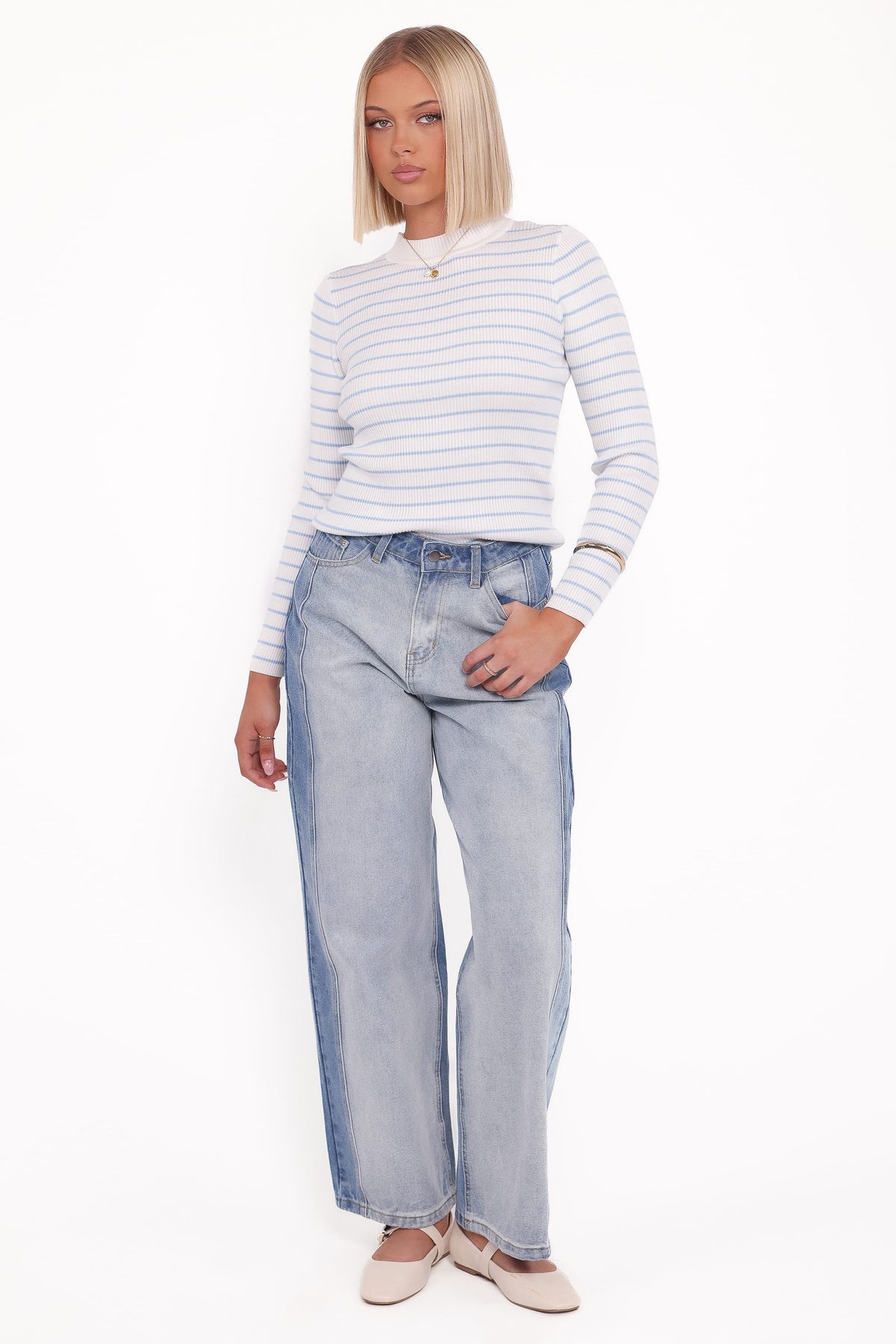 Stacie Ribbed Knit Top - Light Blue Stripe