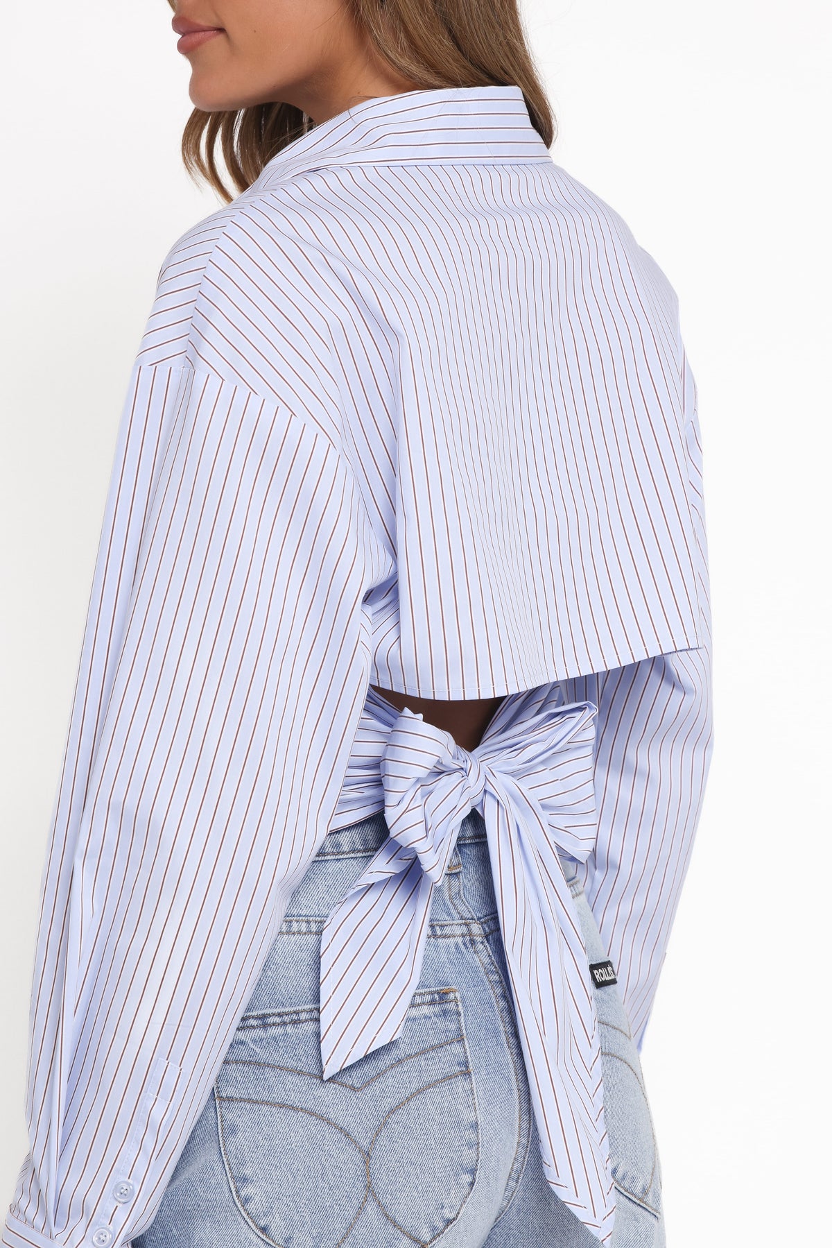 Vienne Tie Back Button Up Shirt - Blue/Brown Stripe