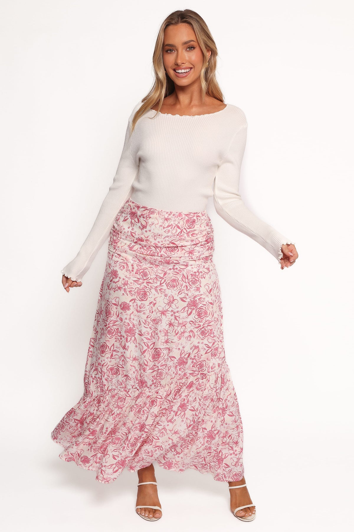 Velda Ruched Maxi Skirt - Pink Floral