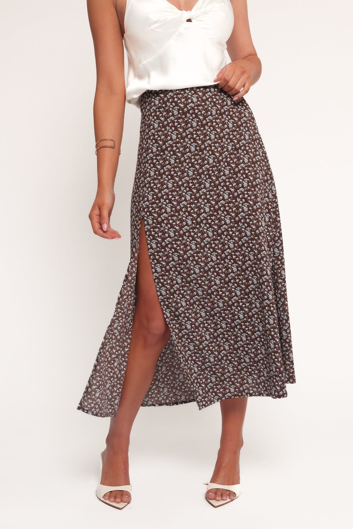 Willow Midi Skirt - Brown Blue Floral