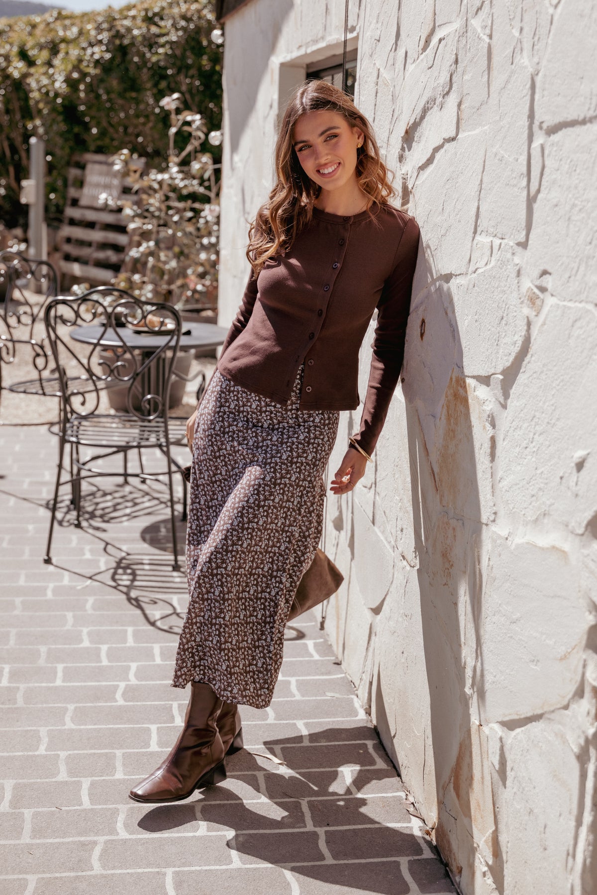 Willow Midi Skirt - Brown Blue Floral