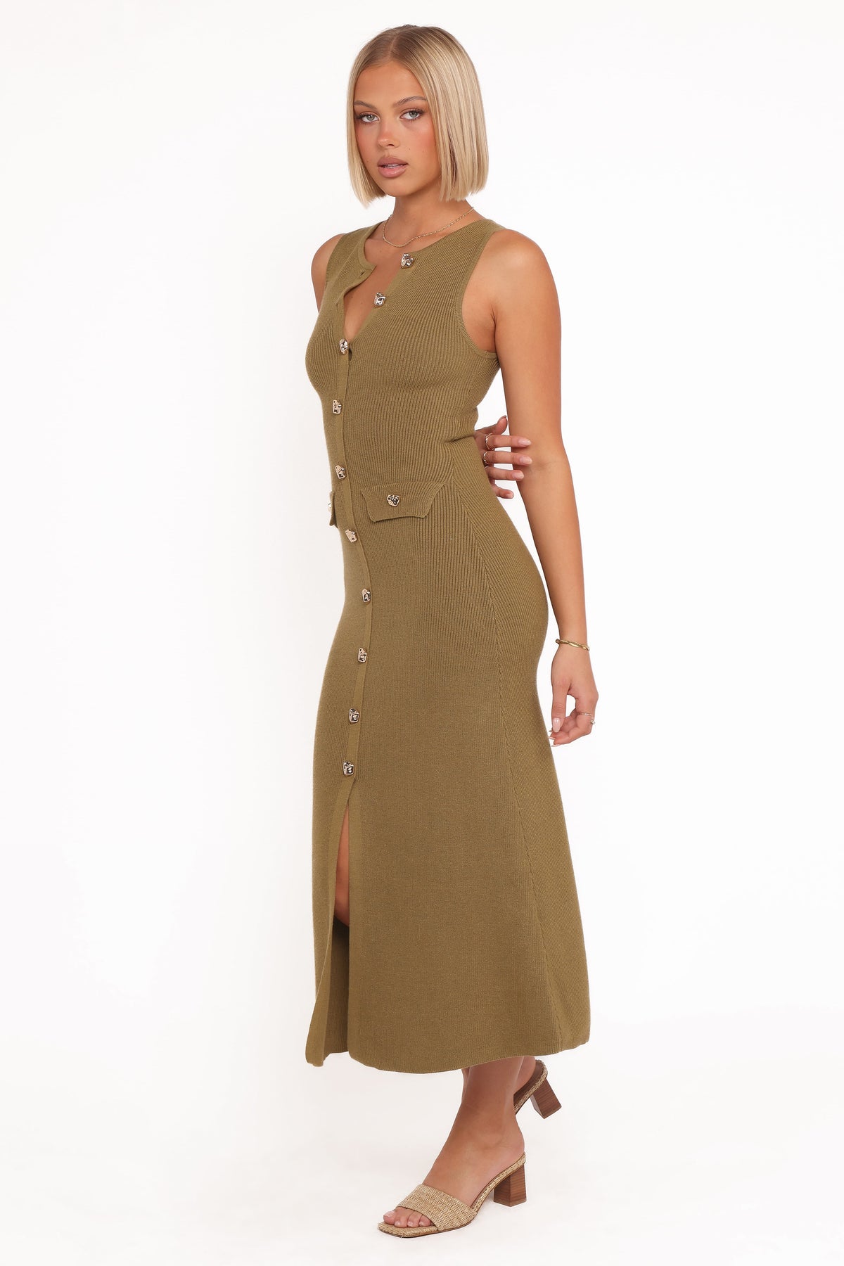 Aspen Button Up Knit Dress - Olive