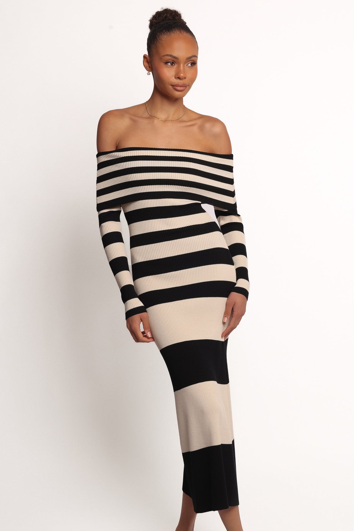 Banks Off Shoulder Knit Dress - Black Cream Stripe