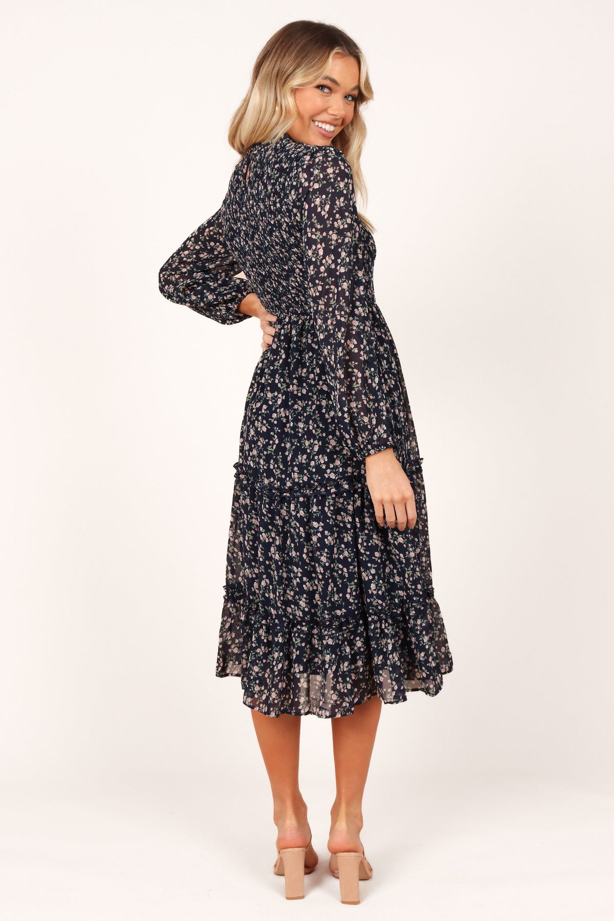 Edwina Shirred Frill Long Sleeve Midi Dress - Navy Floral