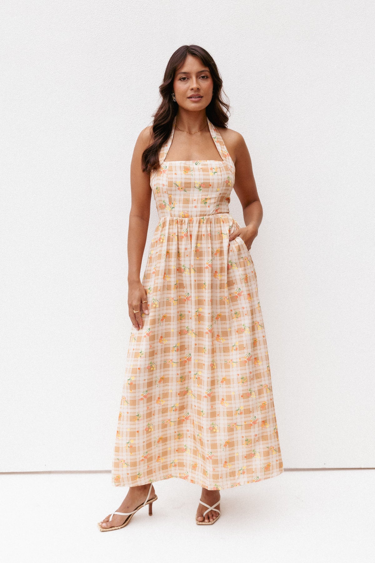 Gemini Halterneck Maxi Dress - Yellow Floral Gingham