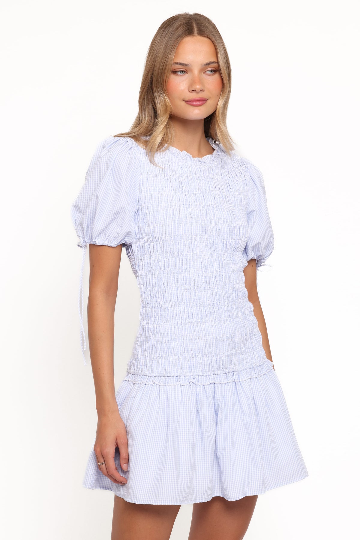Kaelyn Gather Mini Dress - Blue Gingham