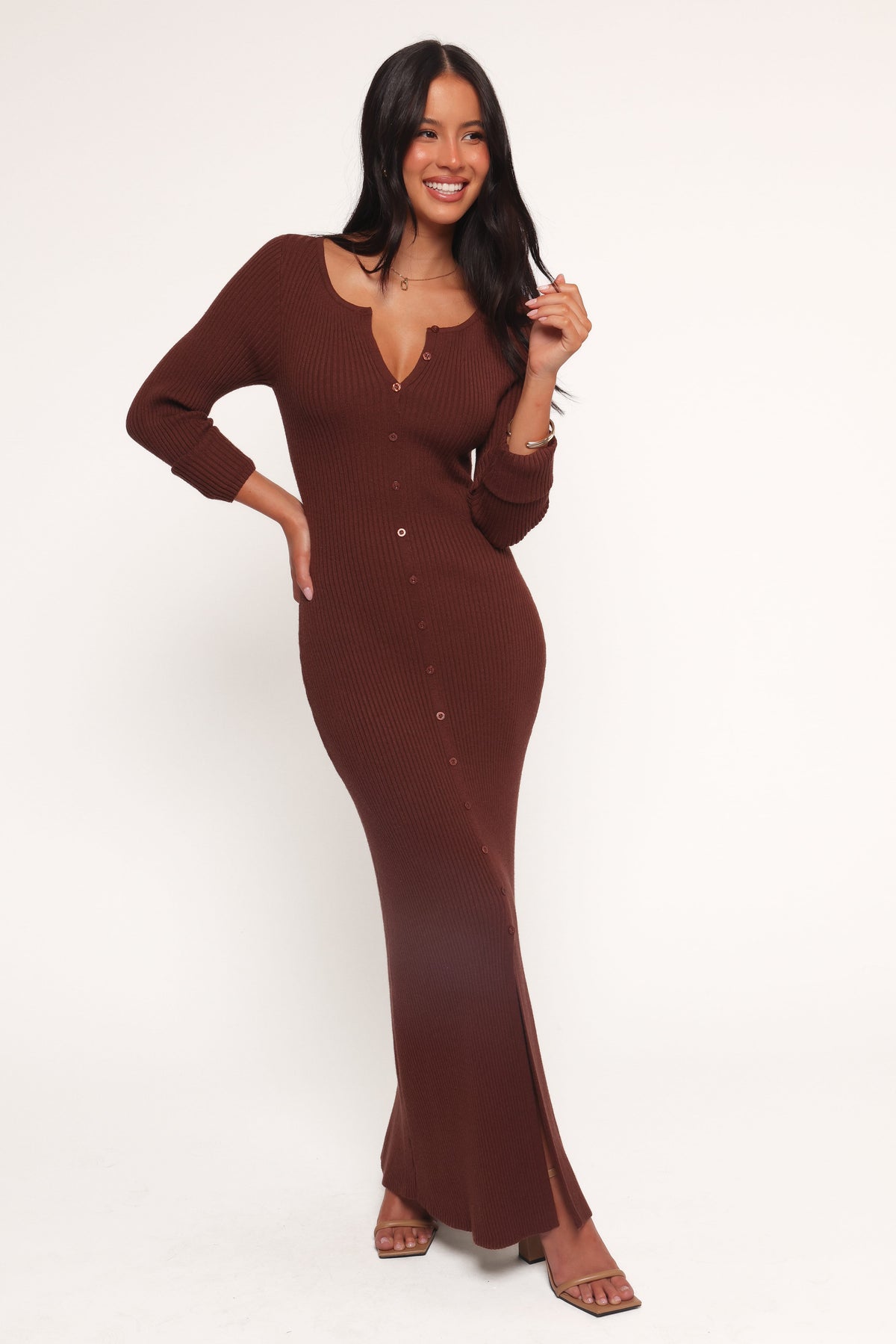 Marshall Button Through Knit Maxi Dress - Chocolate