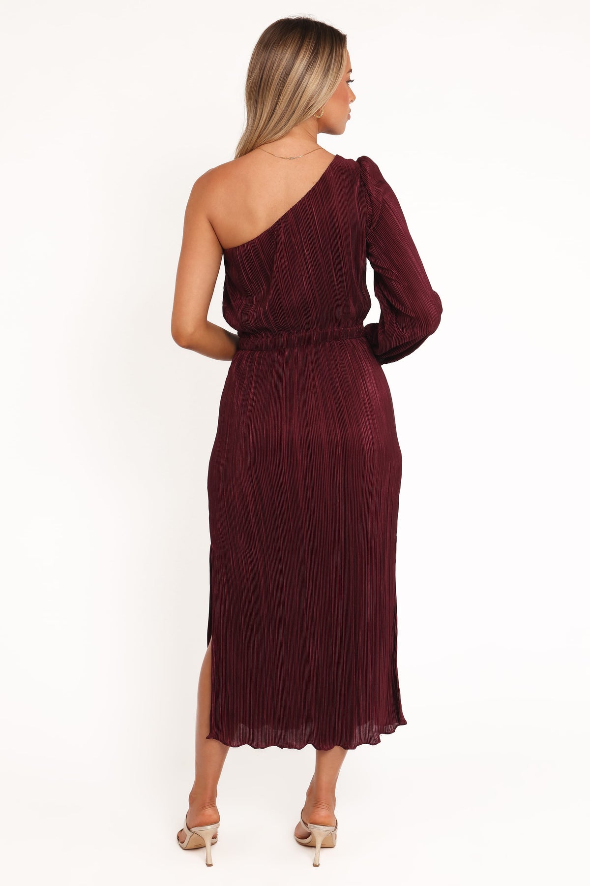 Pontee One Shoulder Pleated Midi Dress - Burgundy