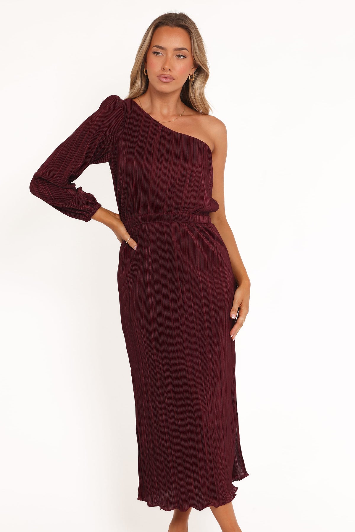 Pontee One Shoulder Pleated Midi Dress - Burgundy