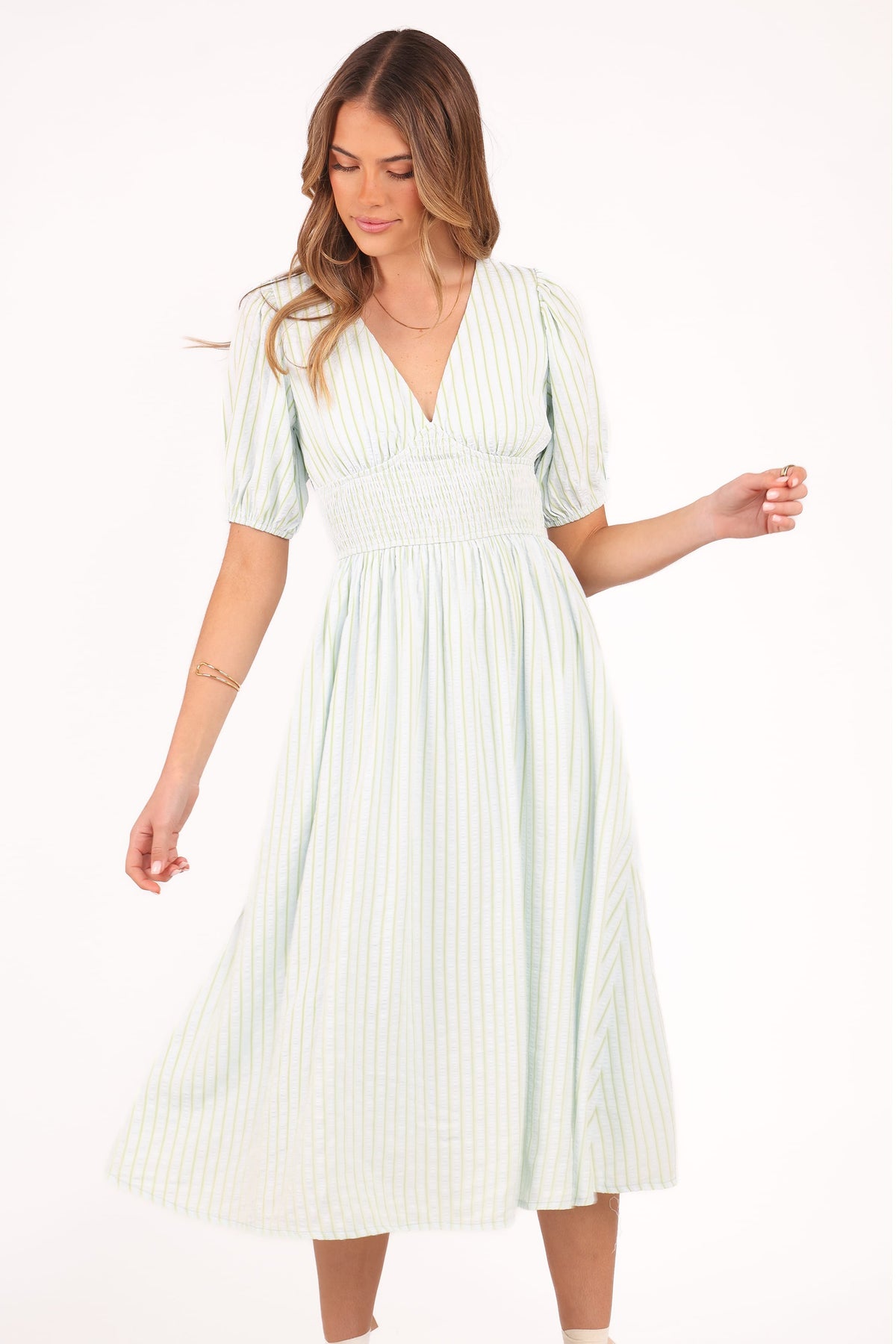 Ronnie Short Sleeve Midi Dress - Green Blue Stripe