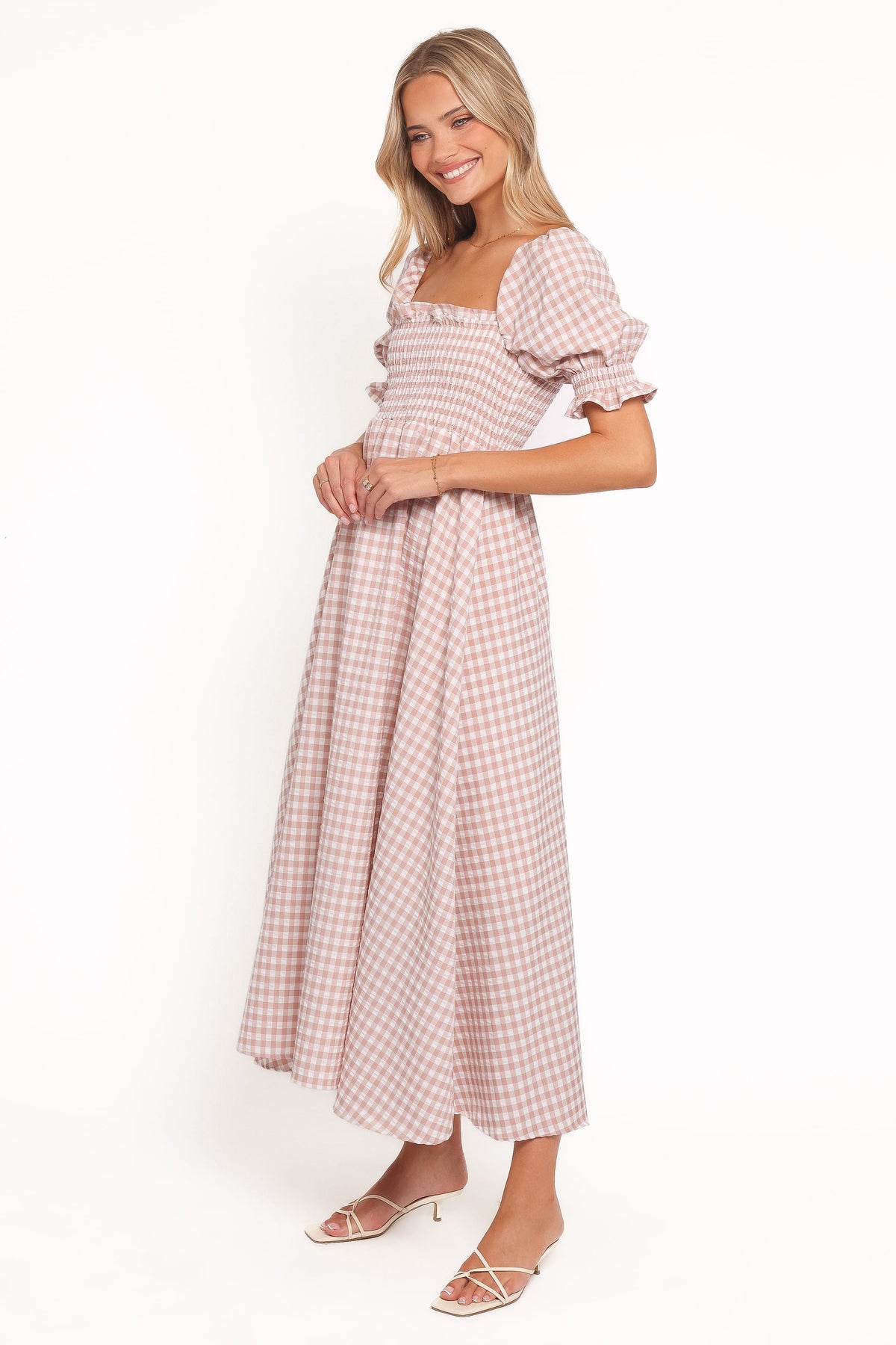 Siun Short Sleeve Midi Dress - Brown Gingham