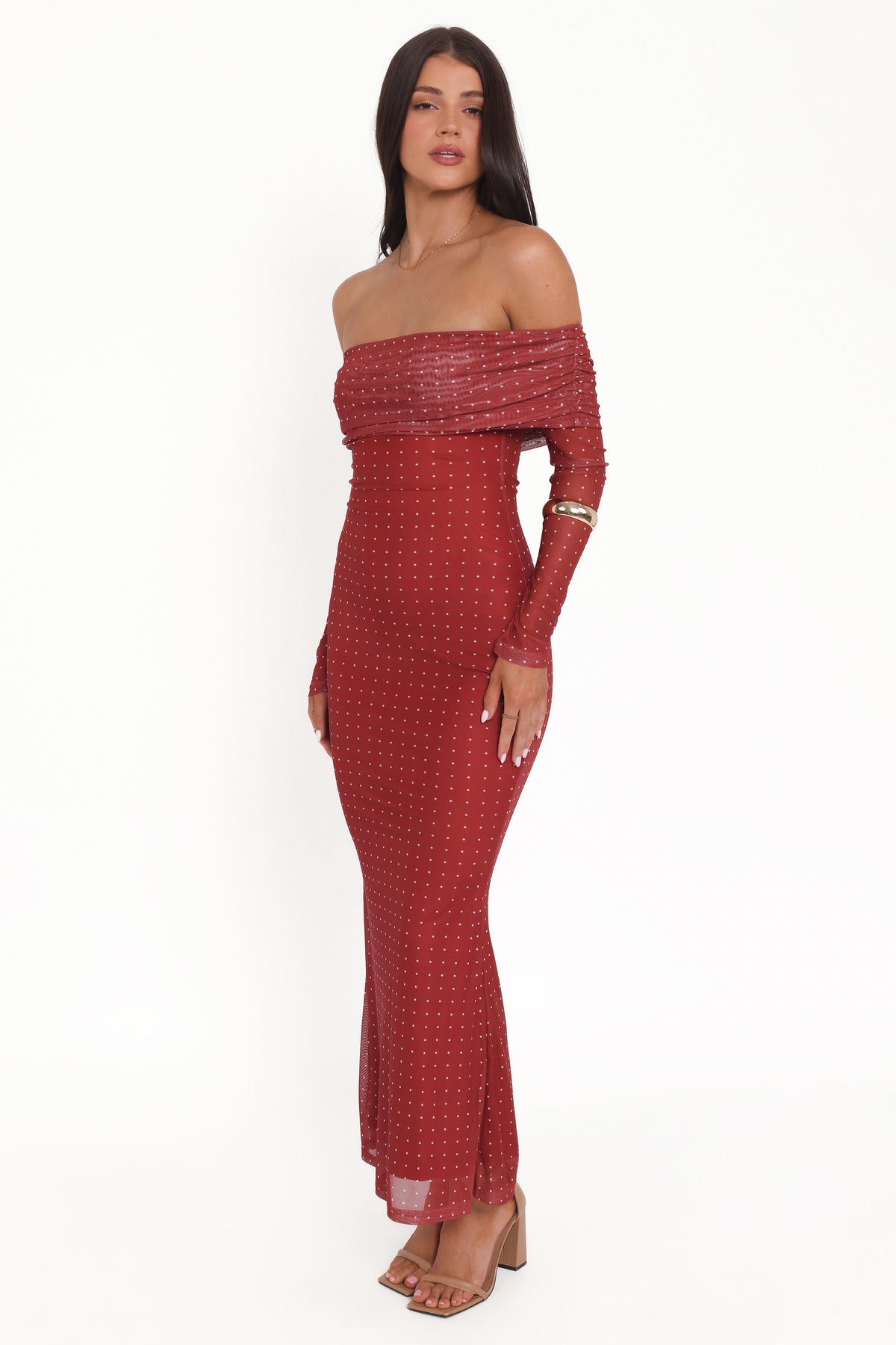 Zeva Off Shoulder Maxi Dress - Burgundy Spot