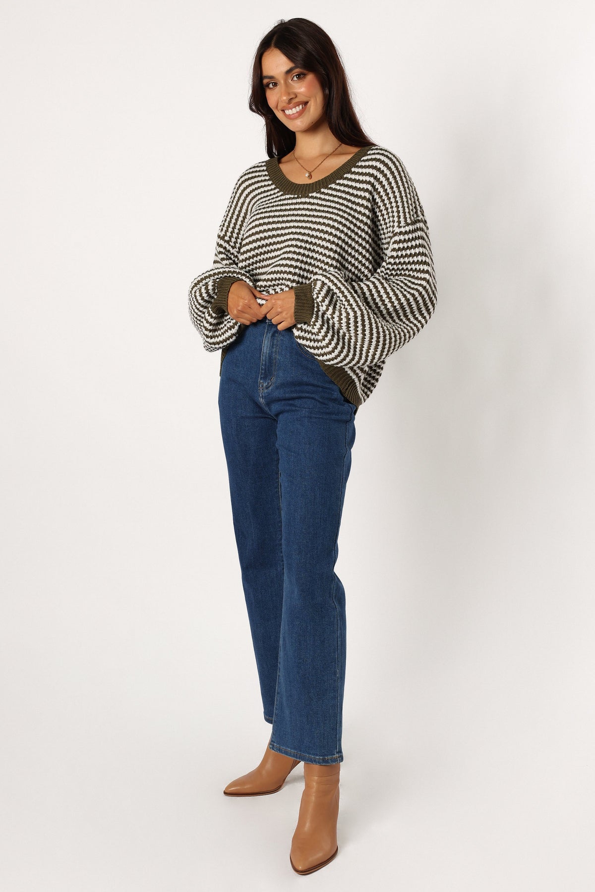 Becca Crewneck Waffle Stitch Stripe Knit Sweater - Olive